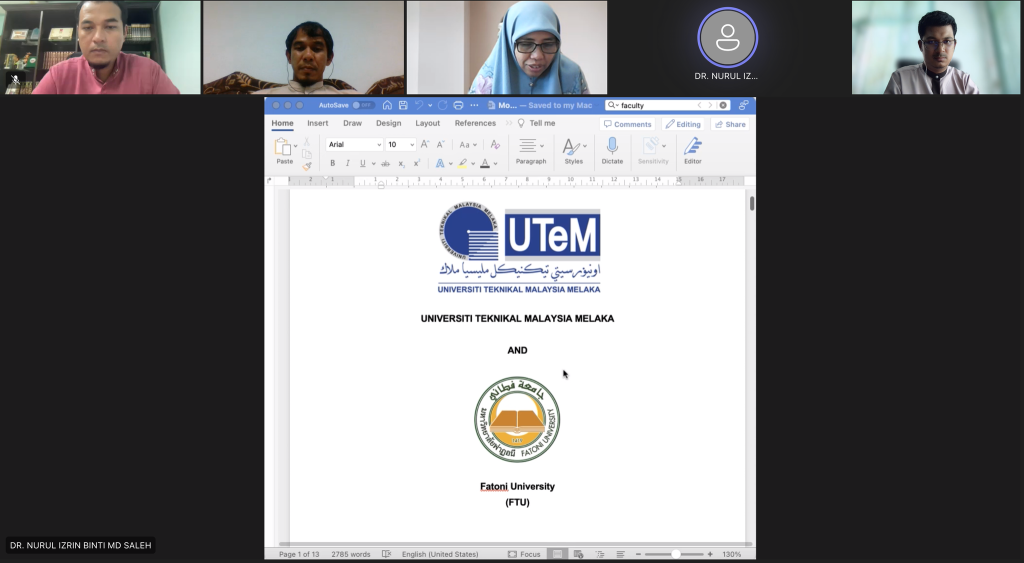 ประชุมหาหรือเพื่อทำบันทึกข้อตกลงความร่วมมือทางวิชาการ (MoU) ระหว่างมหาวิทยาลัยฟาฏอนี กับ Universiti Teknikal Malaysia Melaka (UTeM)